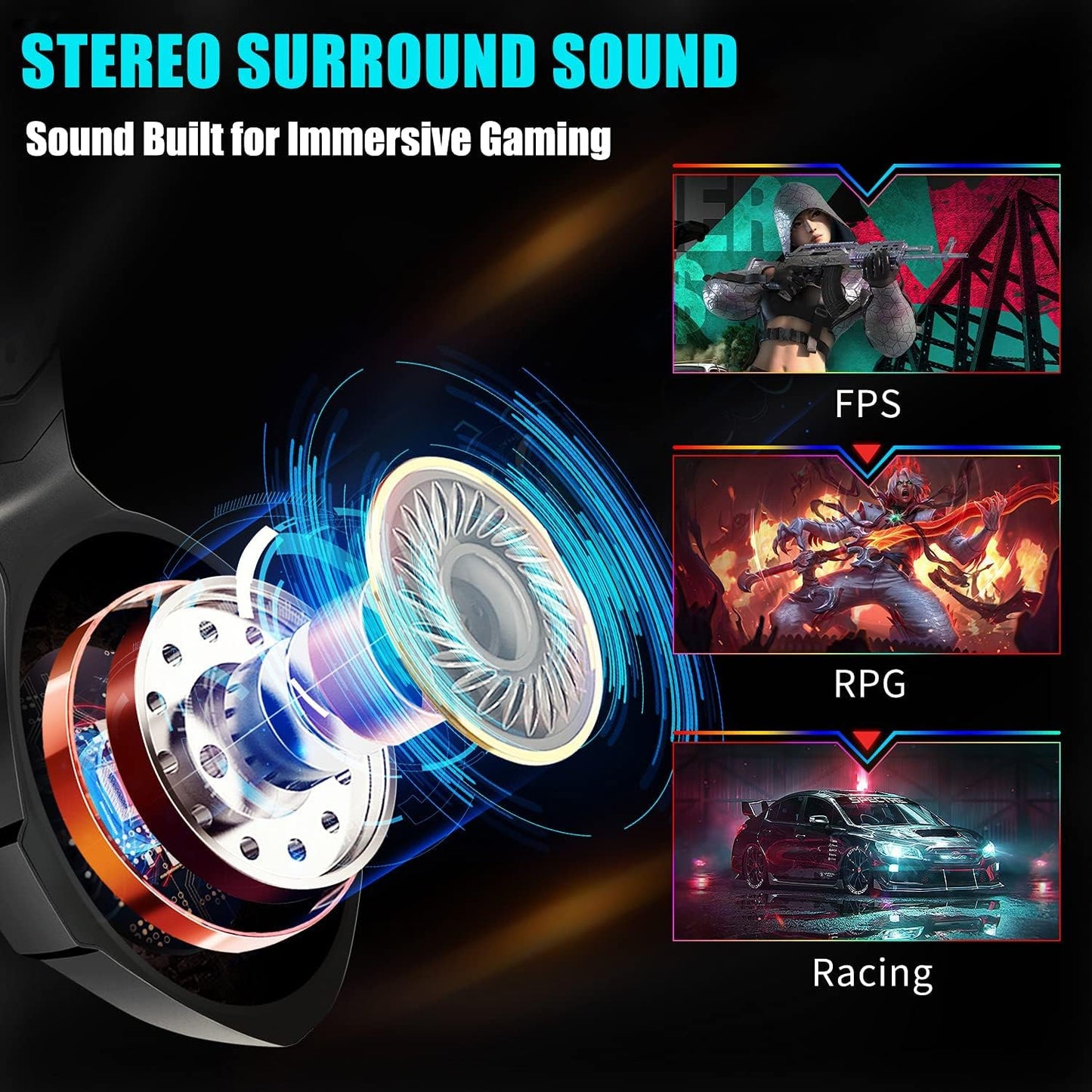 Gaming Headset Stereo Surround Sound Gaming Headphones with Breathing RGB Light & Adjustable Mic